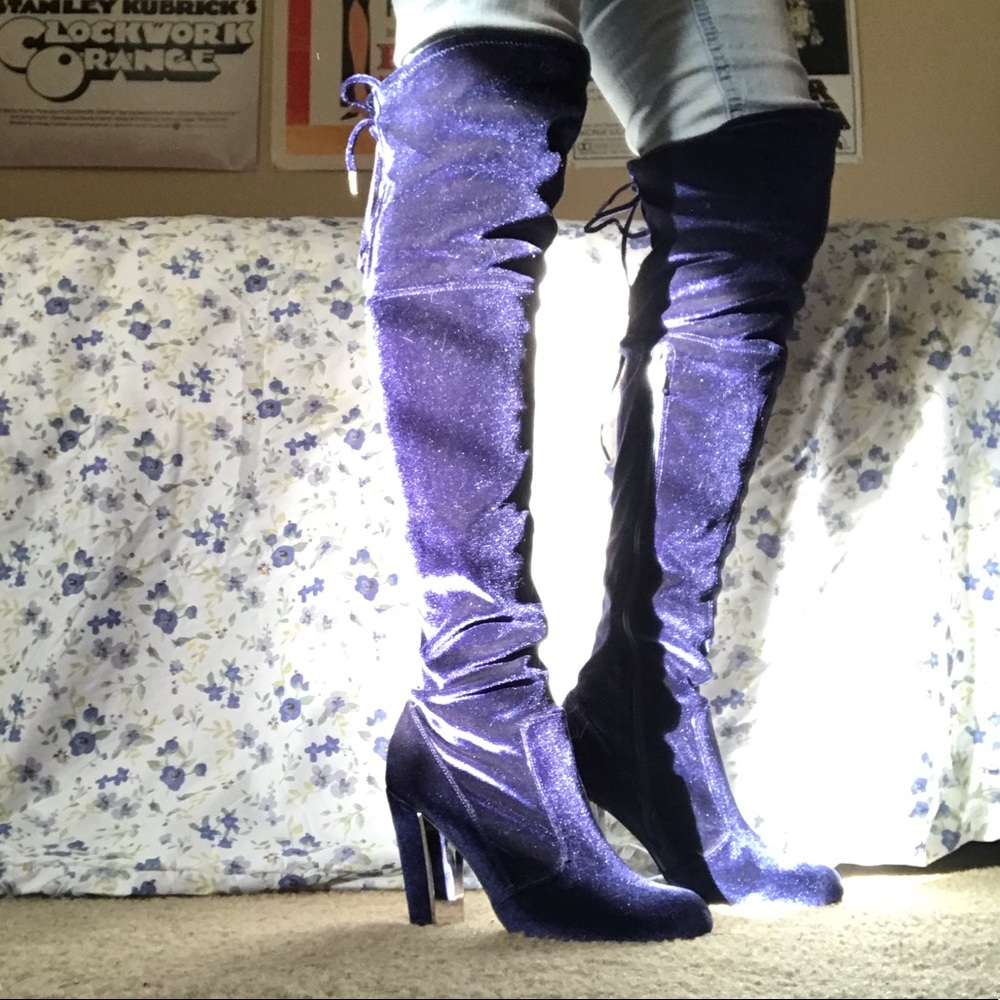 Blue velvet high heel boots